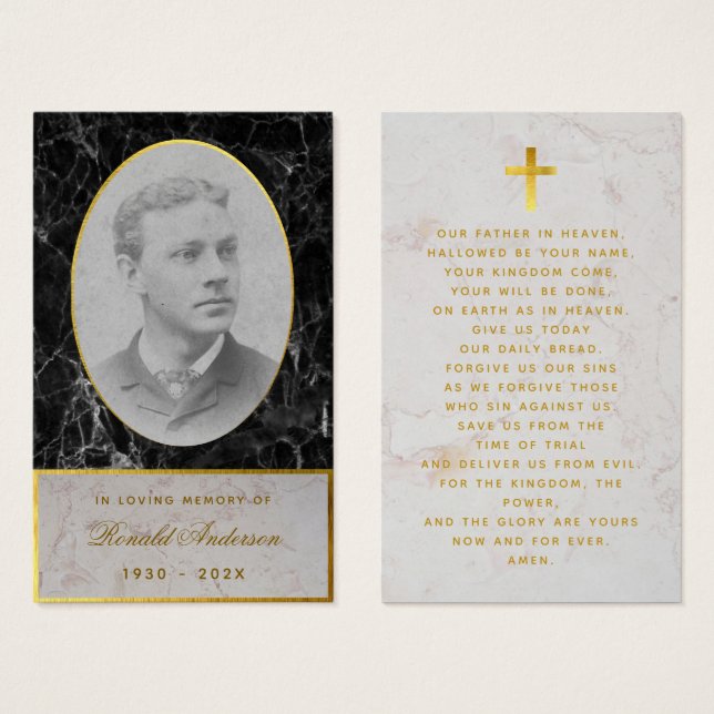 Funeral Black Marble Gold Memorial Prayer Card (Front & Back)