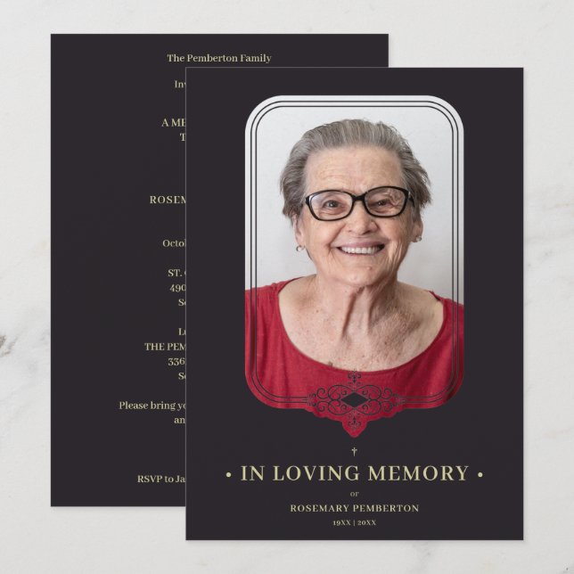 Funeral Black Ornamental Filigree Lace Effect Invitation (Front/Back)