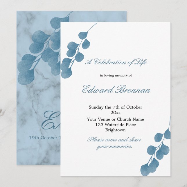 Funeral Blue Eucalyptus Celebration Of Life Invitation (Front/Back)