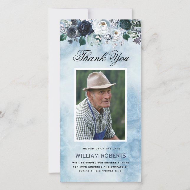 Funeral Blue Floral | Photo Thank You Card (Front)