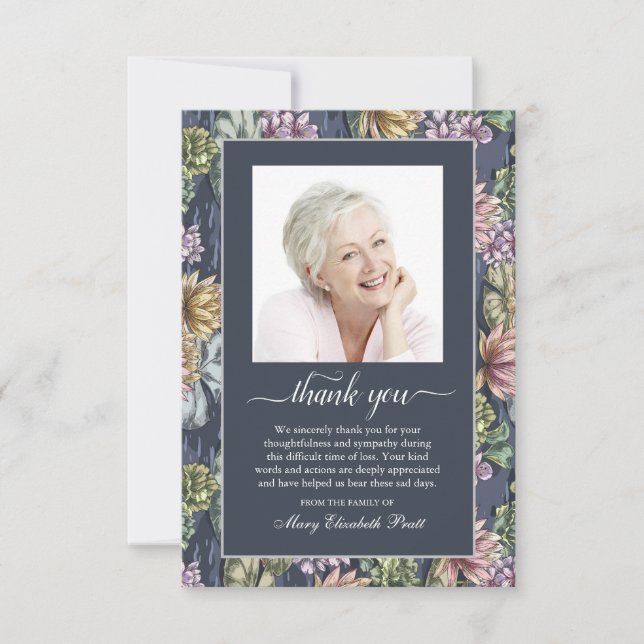 Funeral Blue Floral Photo Thank You Card (Front)