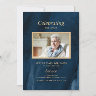 Funeral Blue & Gold Calligraphy Memorial Program Invitation