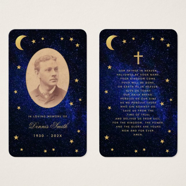 Funeral Blue Night Gold Stars Memorial Prayer Card (Front & Back)