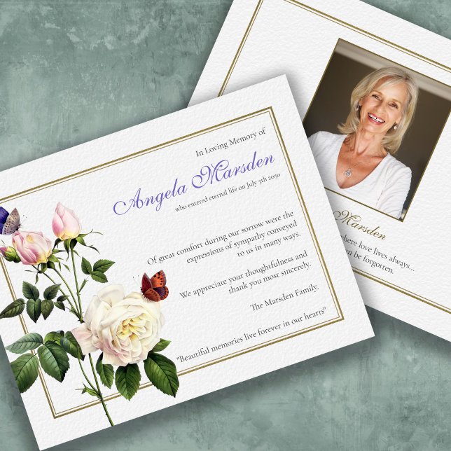 Funeral Botanical Rose Sympathy Thank You Card (Funeral Elegant Butterflies and Roses Bereavement Memorial Sympathy Thank You Card)