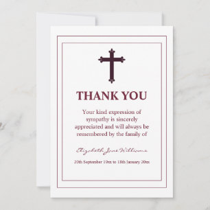 Funeral Burgundy Cross and  Boarder Thank You Card