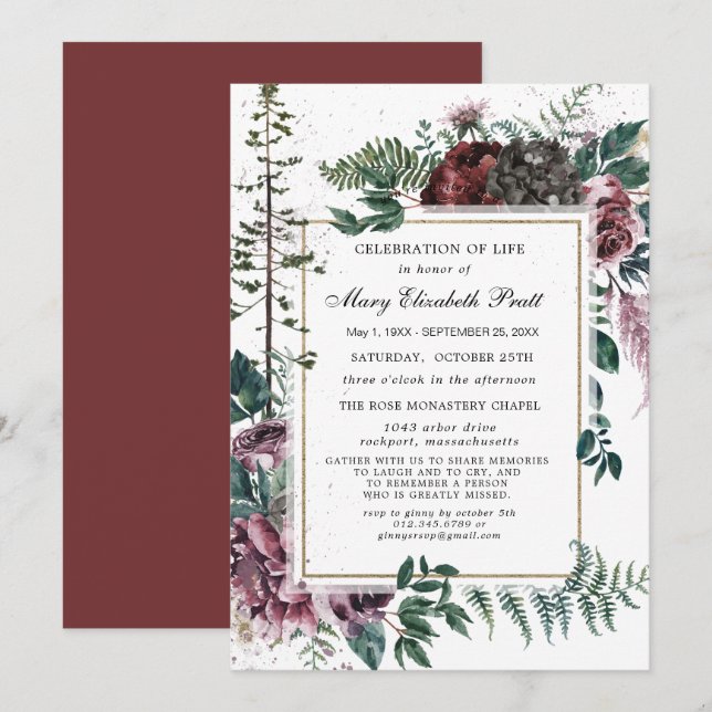 Funeral Burgundy Floral Pine Celebration of Life Invitation (Front/Back)