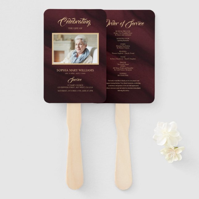 Funeral Burgundy & Gold Calligraphy Set of Fans (Front and Back)