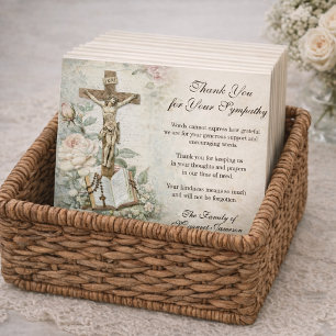 Funeral Catholic Jesus Roses Cross Condolence Thank You Card