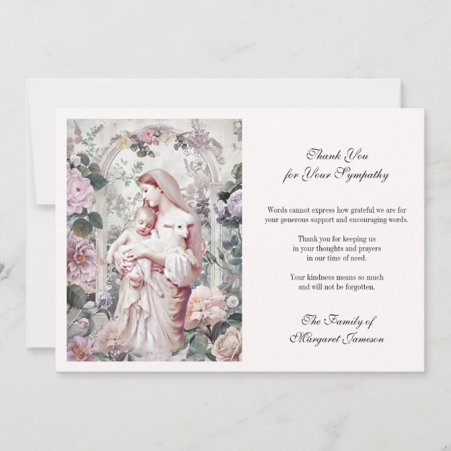 Funeral Catholic Memorial Mary and Jesus Floral Thank You Card (Front)