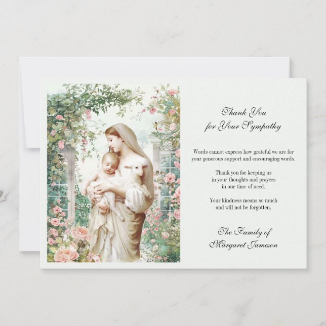 Funeral Catholic Memorial Mary and Jesus Floral Thank You Card (Front)