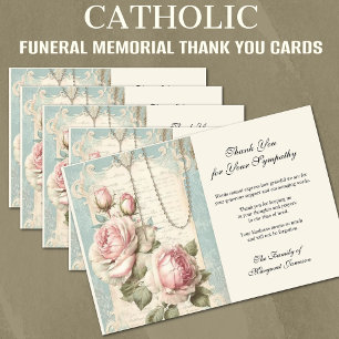 Funeral Catholic Memorial Rosary and Roses Thank You Card