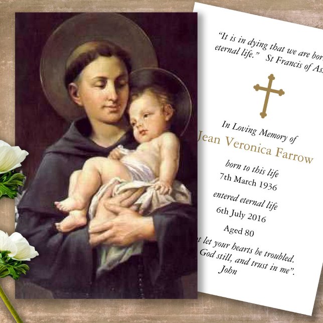 Funeral Catholic St Anthony Prayer Sympathy Cards (catholic, religious, celebration of life, in loving memory of, prayer cards for bereavement)