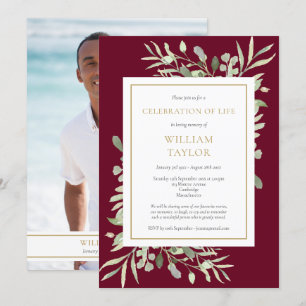 Funeral Celebration of Life Foliage Burgundy Photo Invitation