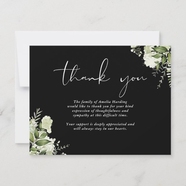 Funeral Celebration Of Life Greenery Floral Thank You Card (Front)