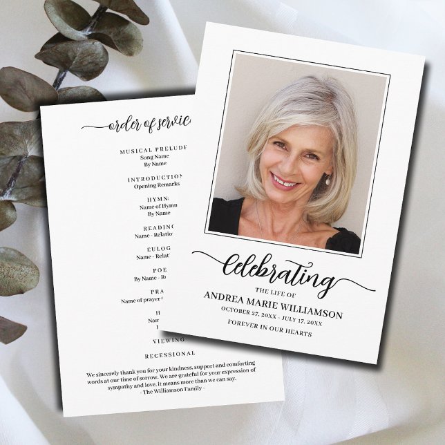 Funeral Celebration of Life Photo Flat Programme (Modern funeral Celebration of Life Program, your photo on the front, Order of Service on the back)