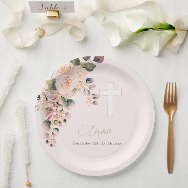 Funeral Christian Photo Elegant Rose  Paper Plate (Wedding)