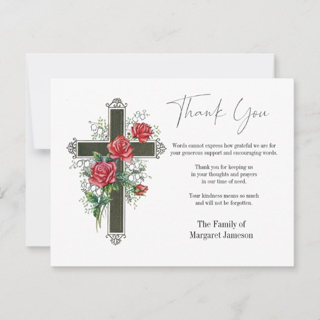 Funeral Condolence Sympathy Cross with Roses Thank You Card (Front)