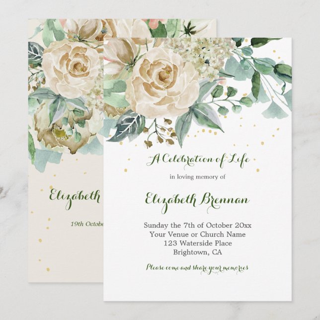 Funeral Elegant  Rose Floral Green Foliage Invitation (Front/Back)