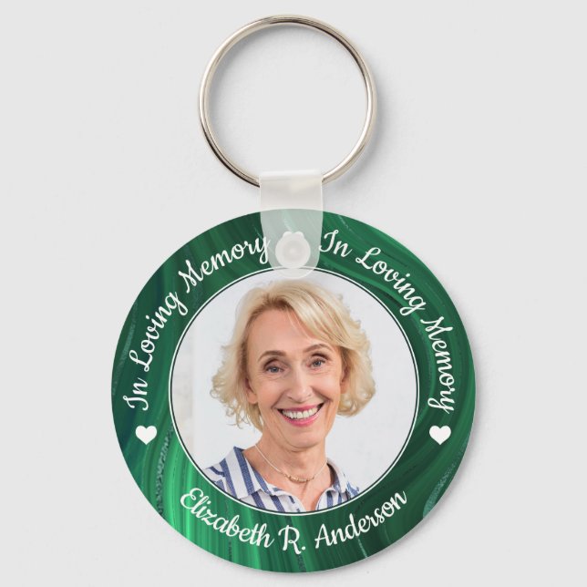 Funeral Emerald Green Marble Photo Memorial Key Ring (Front)