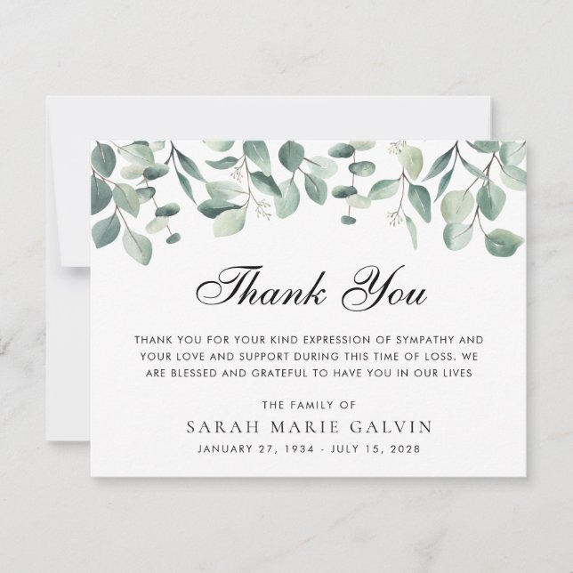 Funeral Eucalyptus Greenery Watercolor Thank You Card (Front)