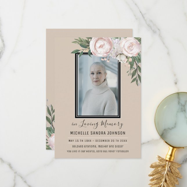 Funeral Floral Beige Photo Memorial Program Thank You Card (Front/Back In Situ)