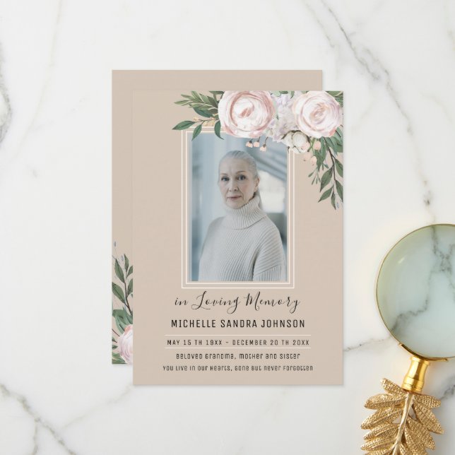 Funeral Floral Beige Photo Memorial Program Thank You Card (Front/Back In Situ)