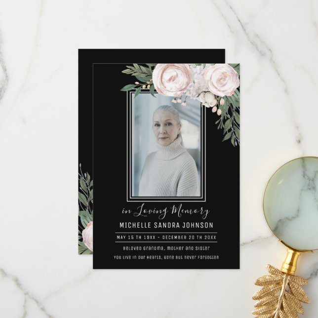 Funeral Floral Black Photo Memorial Prayer Card (Front/Back In Situ)