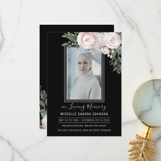Funeral Floral Black Photo Memorial Program Thank You Card (Front/Back In Situ)