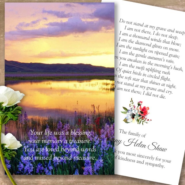 Funeral Floral Lake Memorial Prayer Sympathy Cards (sunset, sunrise, beach, celebration of life, in loving memory of, prayer cards for bereavement)
