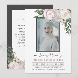 Funeral Floral Pink Grey Photo Memorial Prayer  Thank You Card