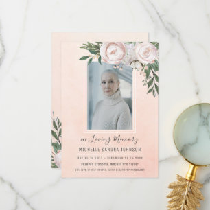 Funeral Floral Pink Photo Memorial Program Thank You Card
