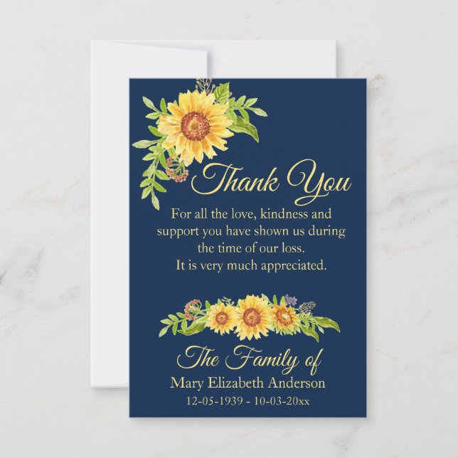 Funeral Floral Watercolor Sunflower Blue  Thank You Card (Front)