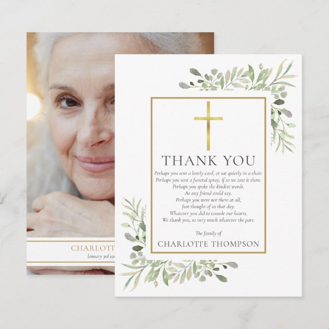 Funeral Greenery Christian Photo Poem Thank You Card (Front/Back)