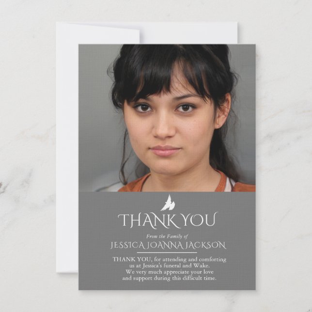 Funeral grey white 2 photos family thank you card (Front)