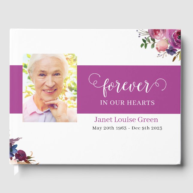 Funeral Guest Book with Purple Watercolor Flowers (Front)
