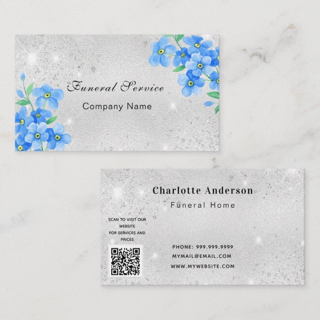 Funeral home service silver blue floral QR code Business Card (Front/Back)