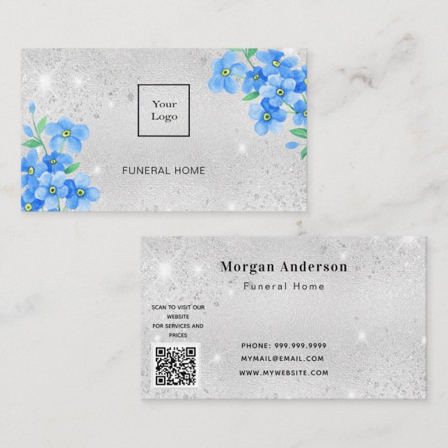 Funeral home service silver blue floral QR code Business Card (Front/Back)