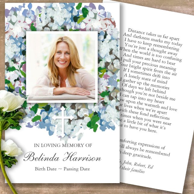 Funeral Hydrangea & Cross Prayer Sympathy Cards (Forever in our hearts, celebration of life, in loving memory of, prayer cards for bereavement)