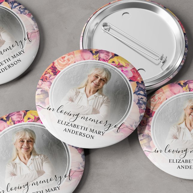 Funeral In Loving Memory Bright Floral Photo 6 Cm Round Badge (Creator Uploaded)