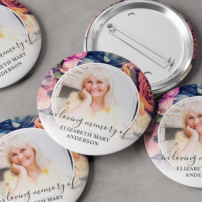 Funeral In Loving Memory Moody Floral Photo 6 Cm Round Badge (Creator Uploaded)
