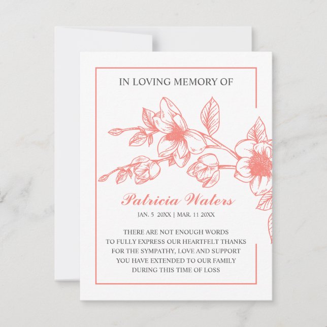 Funeral In loving memory Photo | Coral Magnolia Thank You Card (Front)