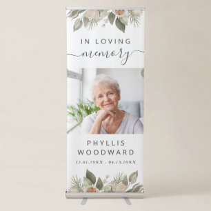 Funeral In Loving Memory Photo White Floral Retrac Retractable Banner