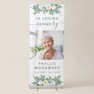 Funeral In Loving Memory Photo White Floral Retractable Banner