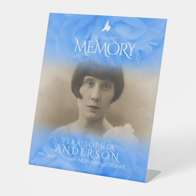 Funeral in loving memory rose blue pedestal sign (Front)