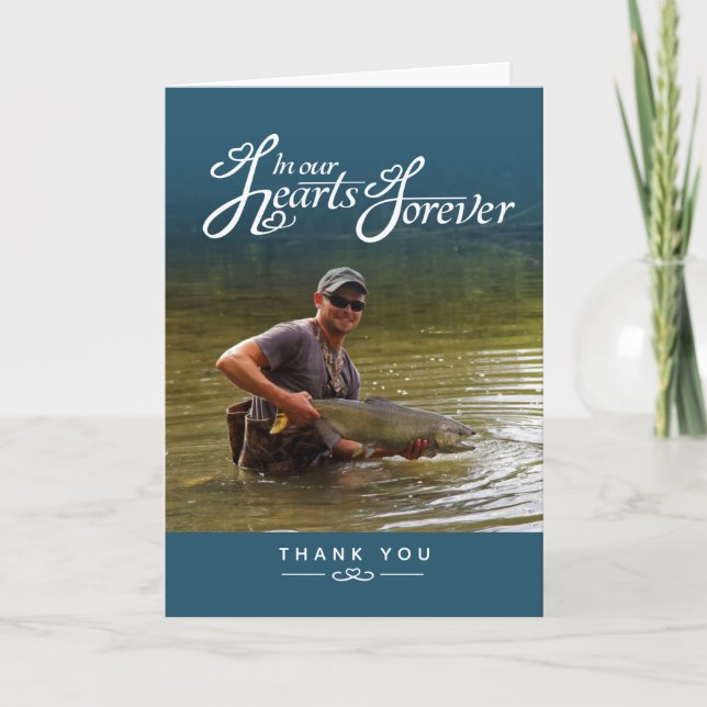 Funeral in our hearts blue teal photo thank you card (Front)