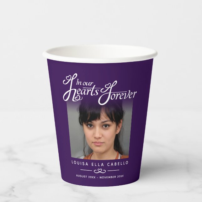 Funeral in our hearts forever purple poem photo paper cups (Front)