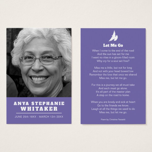 Funeral let me go dove prayer poem purple card (Front & Back)