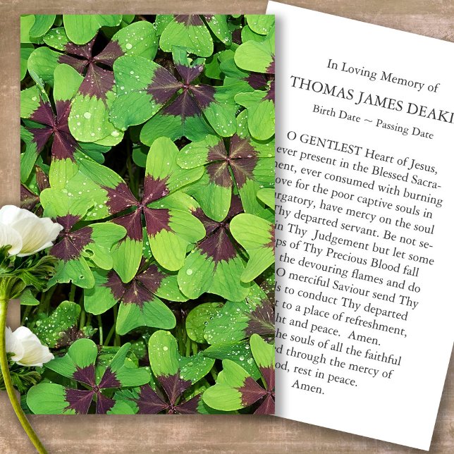 Funeral Loss Clover Memorial Prayer Sympathy Cards (Forever in our hearts, celebration of life, in loving memory of, prayer cards for bereavement)