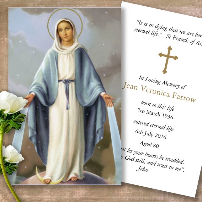 Funeral Loss Holy Virgin Prayer Sympathy Cards (catholic, religious, celebration of life, in loving memory of, prayer cards for bereavement)