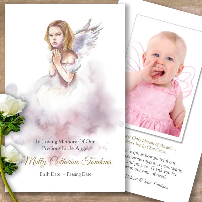 Funeral Loss Little Angel Prayer Sympathy Cards (Forever in our hearts, celebration of life, in loving memory of, prayer cards for bereavement)